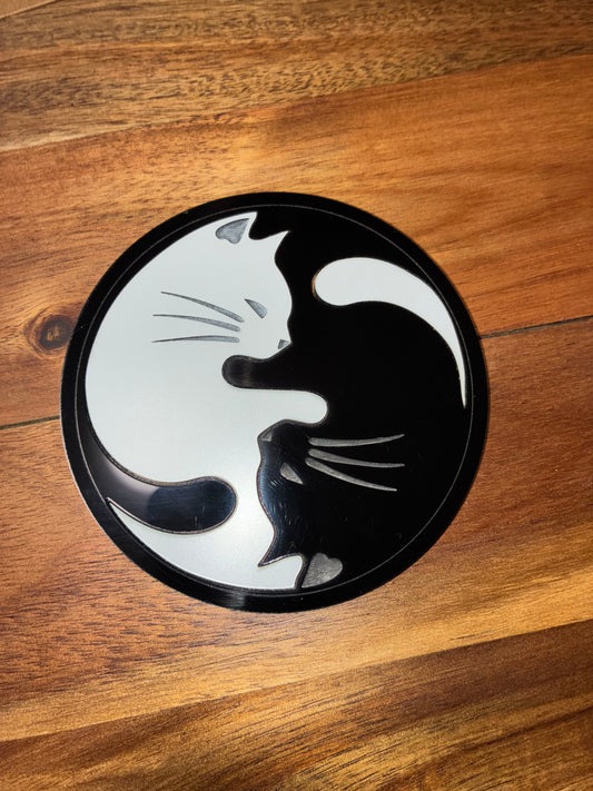 Heartwarming Yin-Yang acrylic kitten drink coasters. Set of 4 with with wooden display holder.