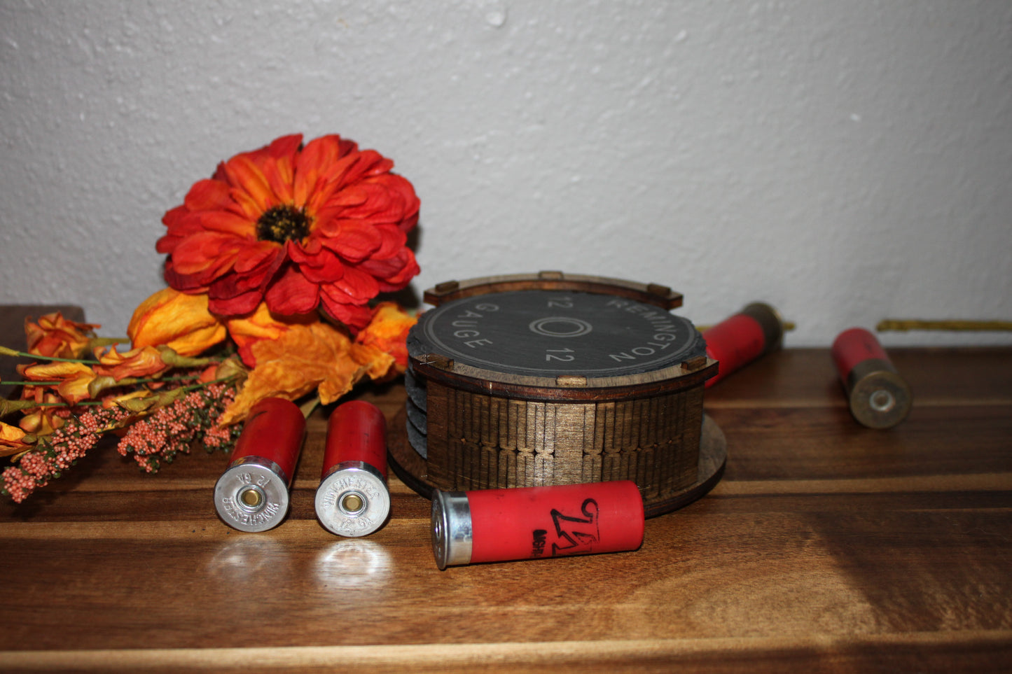 Engraved 12 Gauge Shotgun Shell Slate Coasters – Set of 4 with Rustic Wooden Holder – Gift for Hunters, Outdoorsmen, or Man Cave Decor