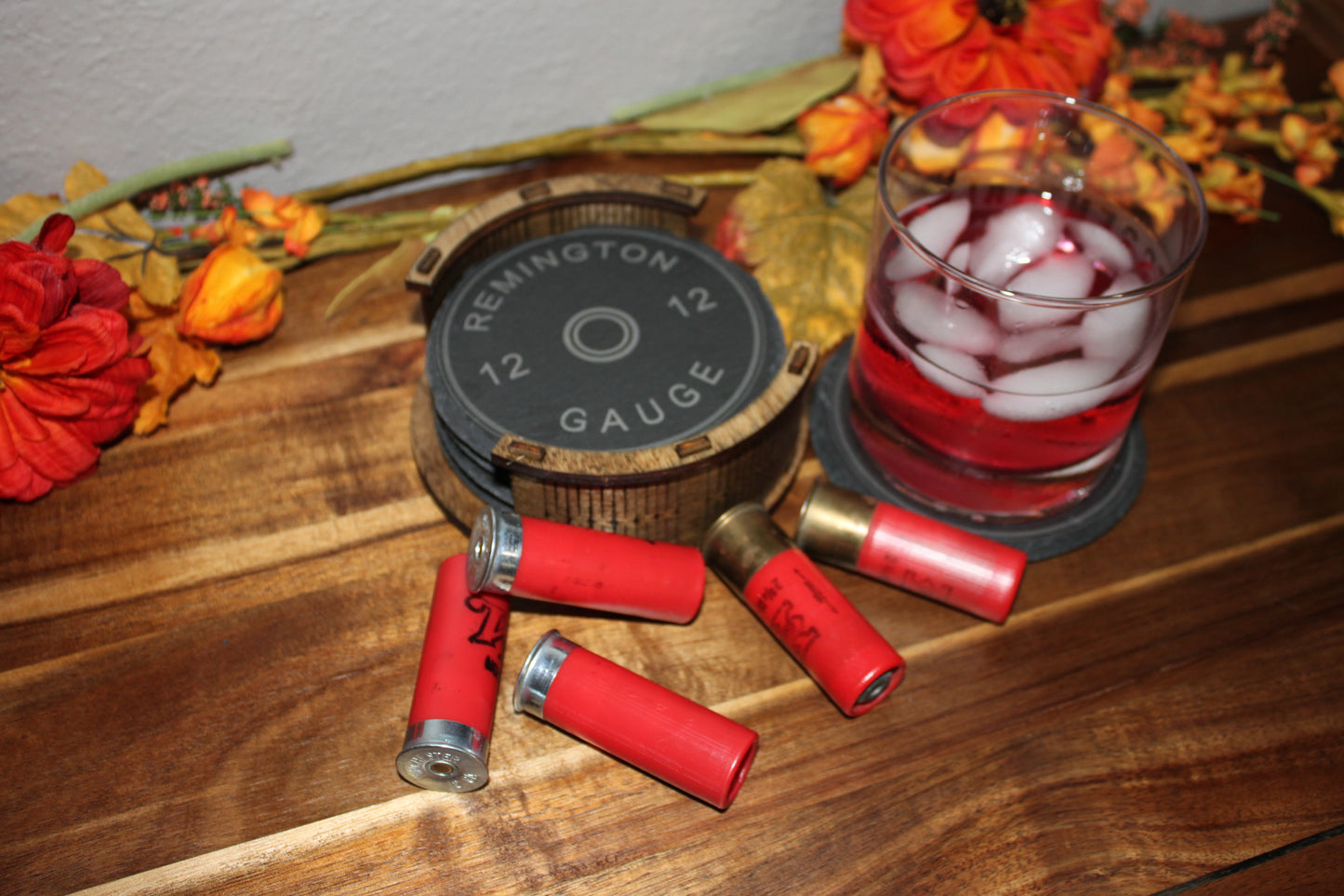 Engraved 12 Gauge Shotgun Shell Slate Coasters – Set of 4 with Rustic Wooden Holder – Gift for Hunters, Outdoorsmen, or Man Cave Decor