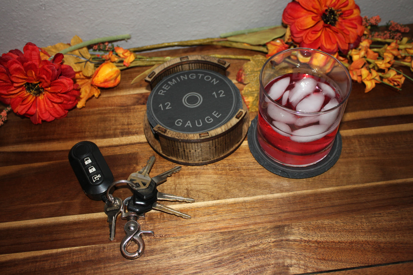 Engraved 12 Gauge Shotgun Shell Slate Coasters – Set of 4 with Rustic Wooden Holder – Gift for Hunters, Outdoorsmen, or Man Cave Decor