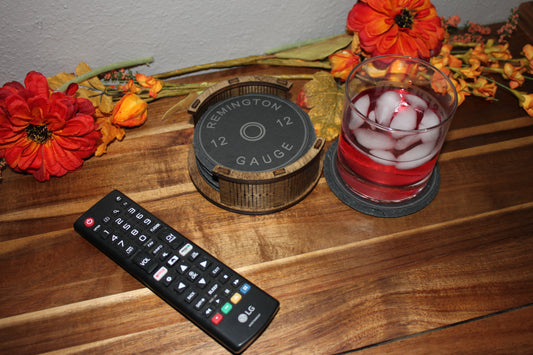 Engraved 12 Gauge Shotgun Shell Slate Coasters – Set of 4 with Rustic Wooden Holder – Gift for Hunters, Outdoorsmen, or Man Cave Decor