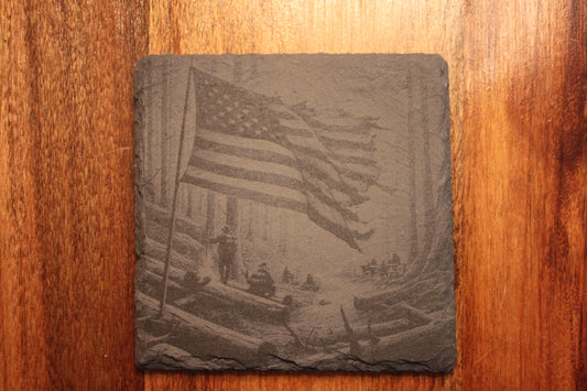 🇺🇸 American Flag in the Forest – Set of 4 Laser Engraved Slate Coaster with Wooden Holder