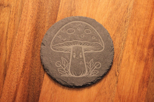 🍄 Happy Mushroom Slate Coaster - Set of 4 with Laser Engraved with Wooden Display Holder.
