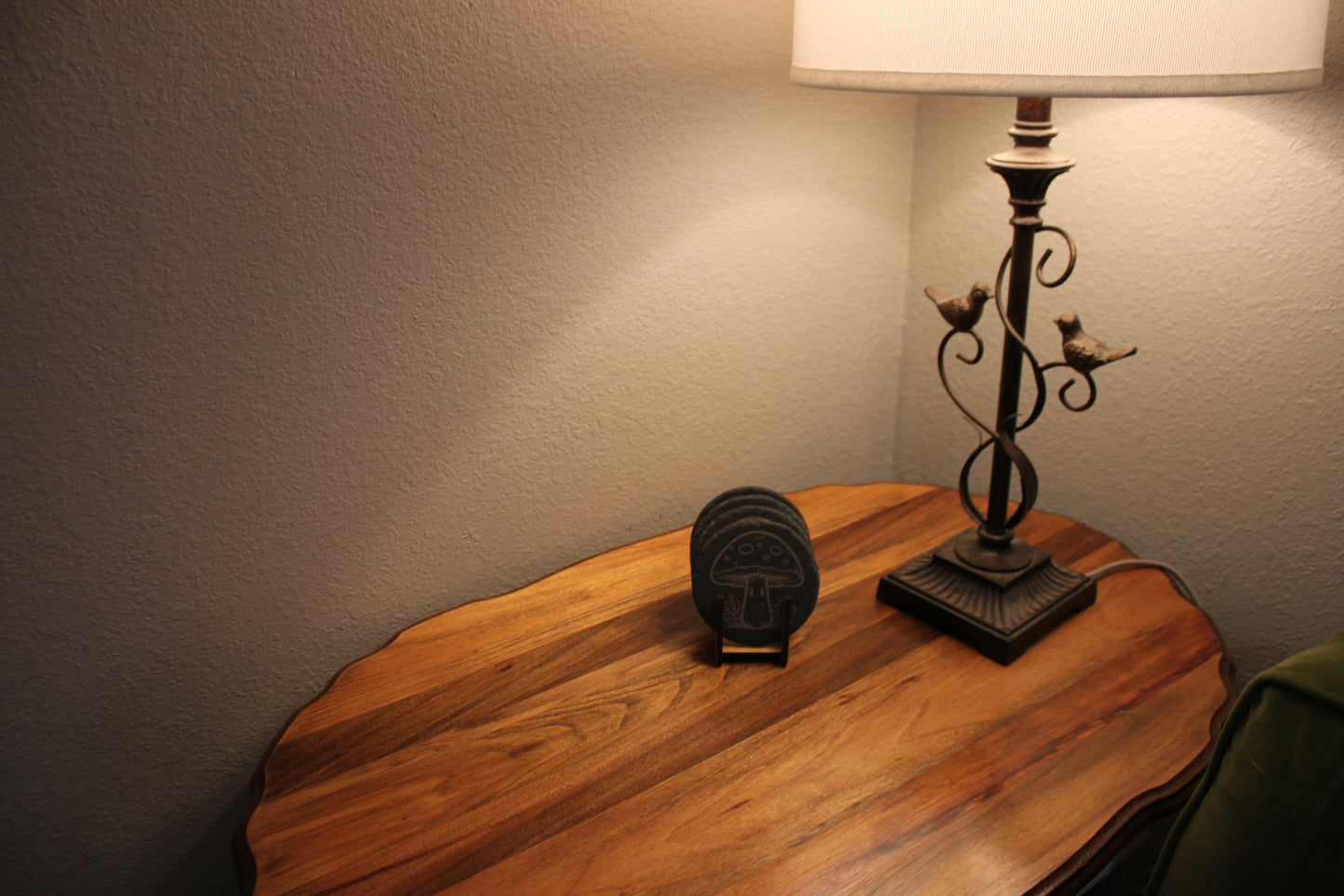 ๐ Happy Mushroom Slate Coaster - Set of 4 with Laser Engraved with Wooden Display Holder.