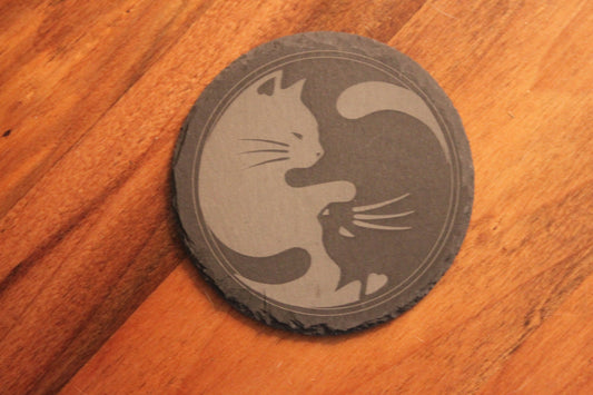 Heartwarming Yin-Yang slate kitten drink coasters. Set of 4 with with wooden display holder.