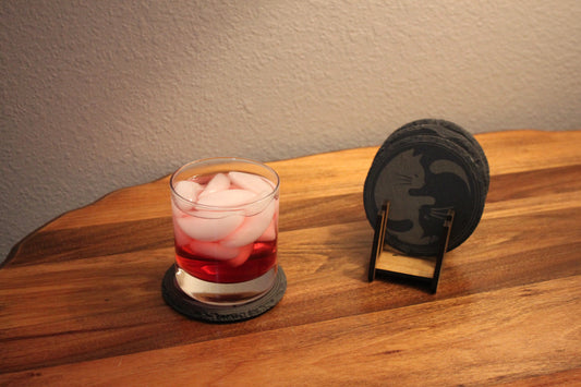 Heartwarming Yin-Yang slate kitten drink coasters. Set of 4 with with wooden display holder.