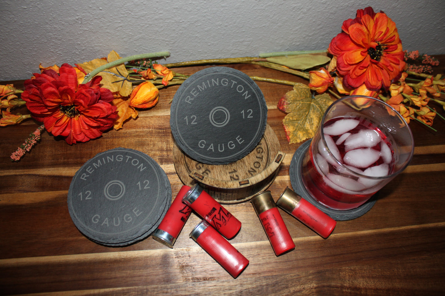 Engraved 12 Gauge Shotgun Shell Slate Coasters – Set of 4 with Rustic Wooden Holder – Gift for Hunters, Outdoorsmen, or Man Cave Decor