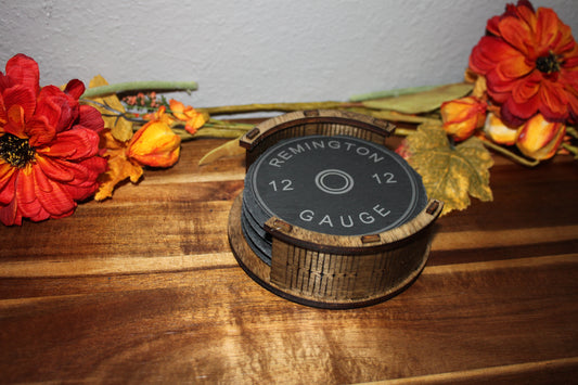 Engraved 12 Gauge Shotgun Shell Slate Coasters – Set of 4 with Rustic Wooden Holder – Gift for Hunters, Outdoorsmen, or Man Cave Decor