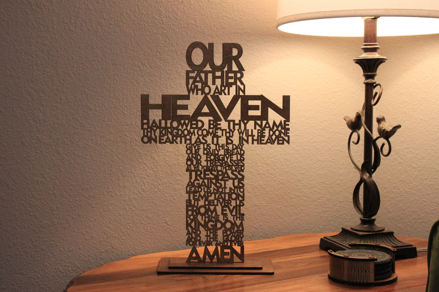 🙏 Beautiful Wooden Lord’s Prayer Cross on Base – Large - Christian Home Decor