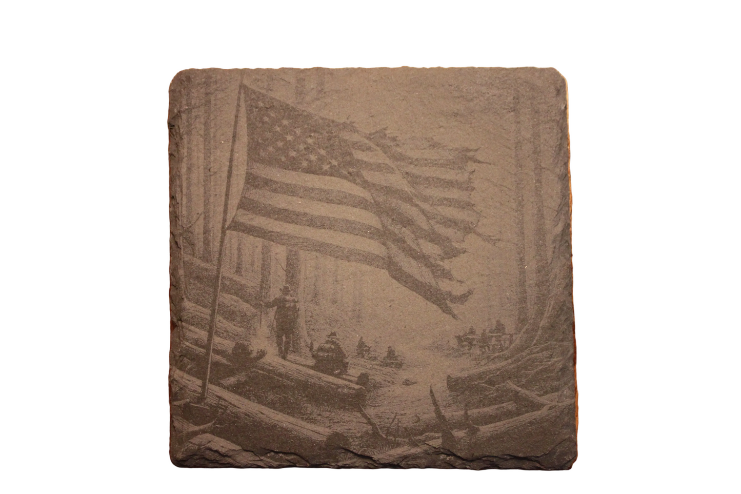 🇺🇸 American Flag in the Forest – Set of 4 Laser Engraved Slate Coaster with Wooden Holder