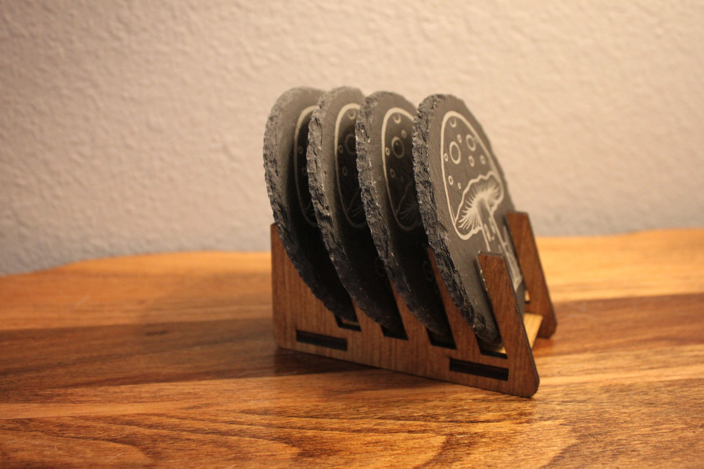 🍄 Happy Mushroom Slate Coaster -  Set of 4 with Laser Engraved with Wooden Display Holder.