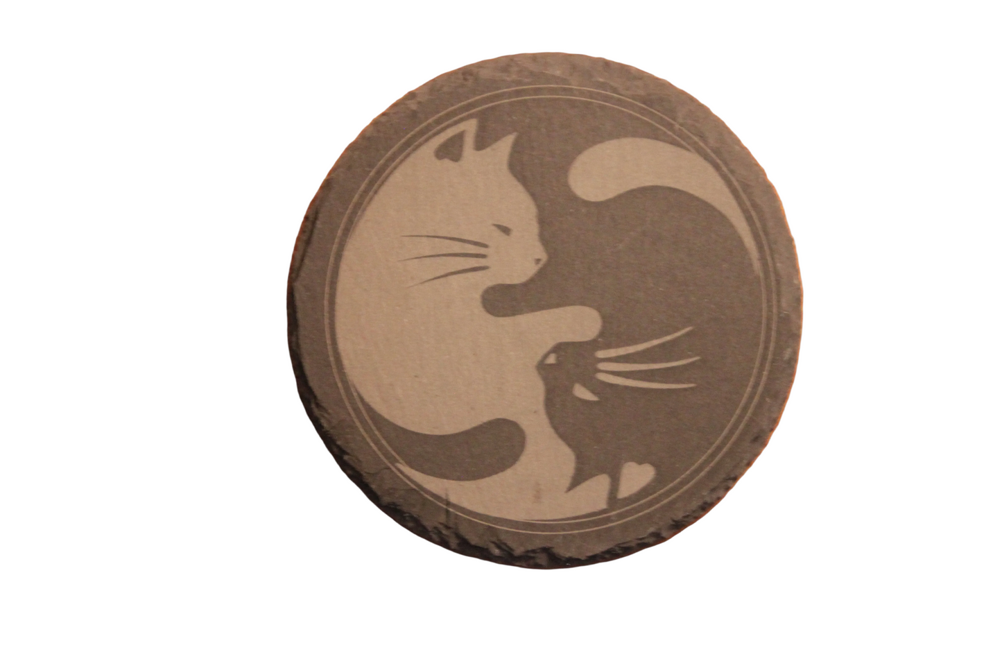 Heartwarming Yin-Yang slate kitten drink coasters. Set of 4 with with wooden display holder.