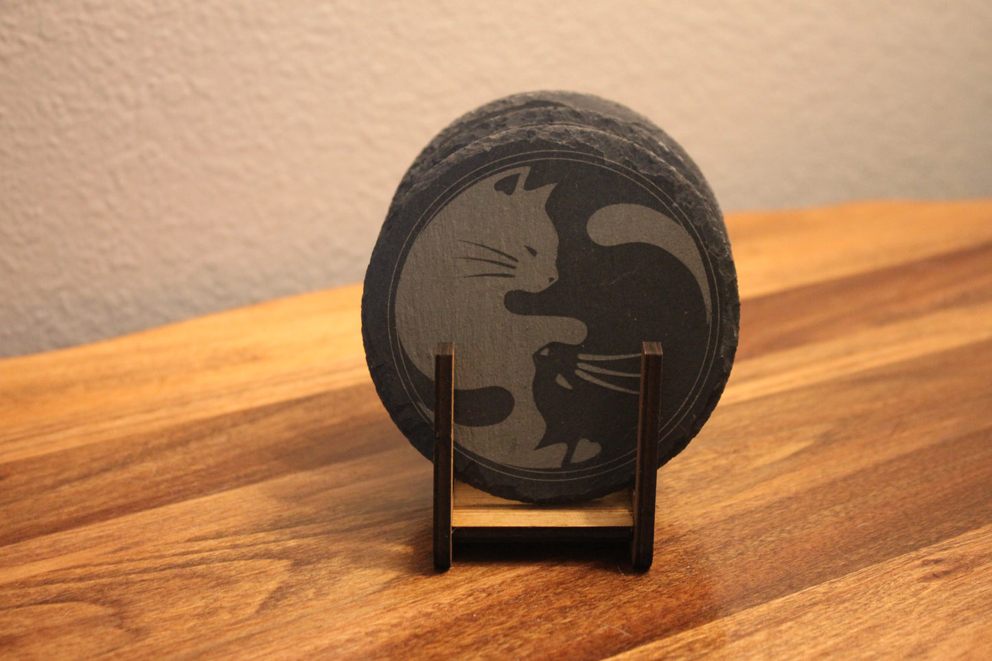 Heartwarming Yin-Yang slate kitten drink coasters. Set of 4 with with wooden display holder.