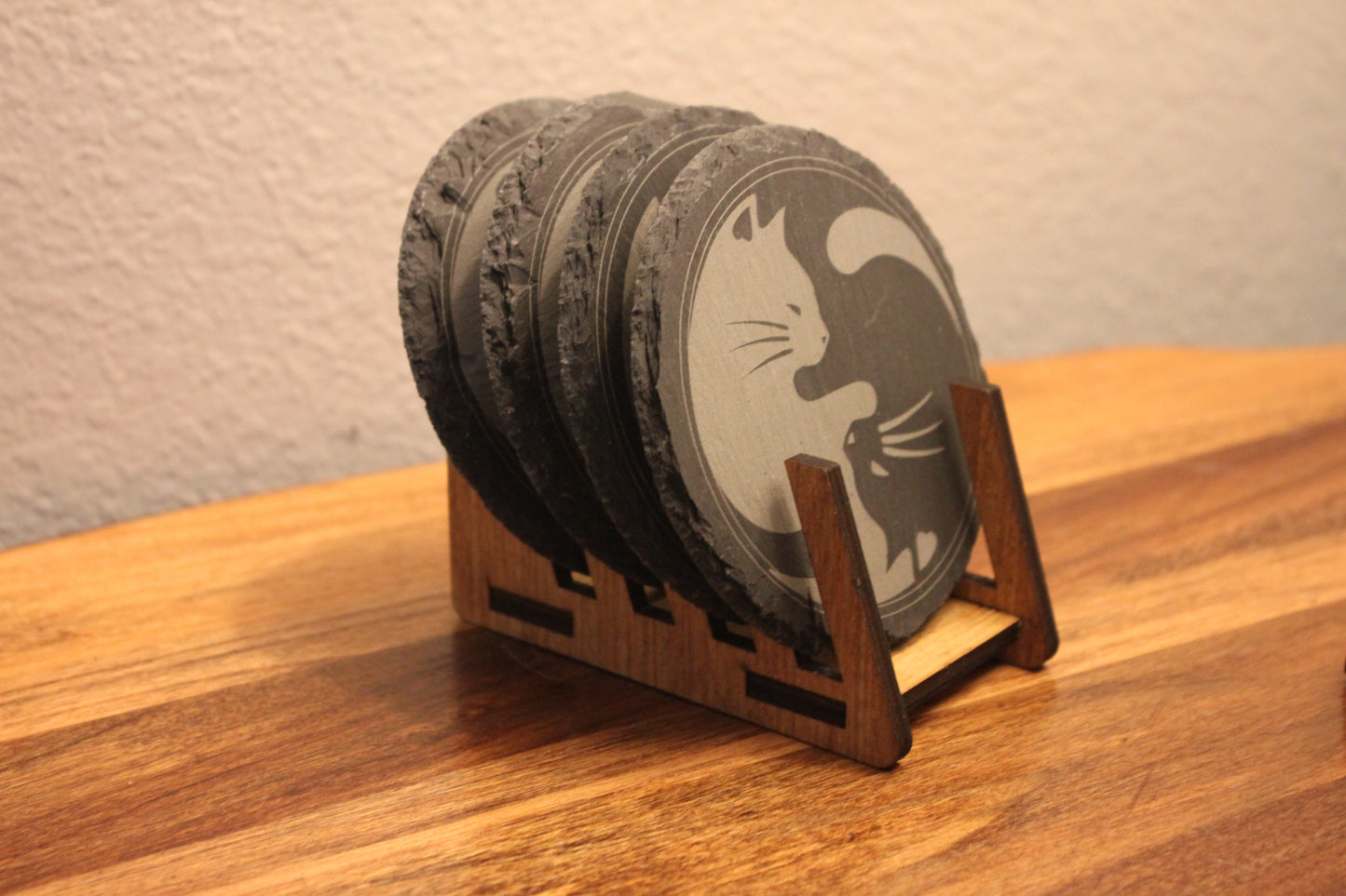 Heartwarming Yin-Yang slate kitten drink coasters. Set of 4 with with wooden display holder.