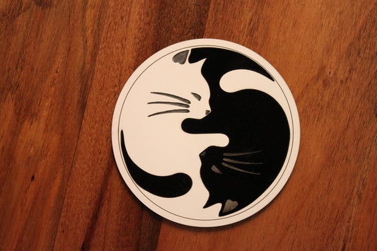 Heartwarming Yin-Yang acrylic kitten drink coasters. Set of 4 with with wooden display holder.