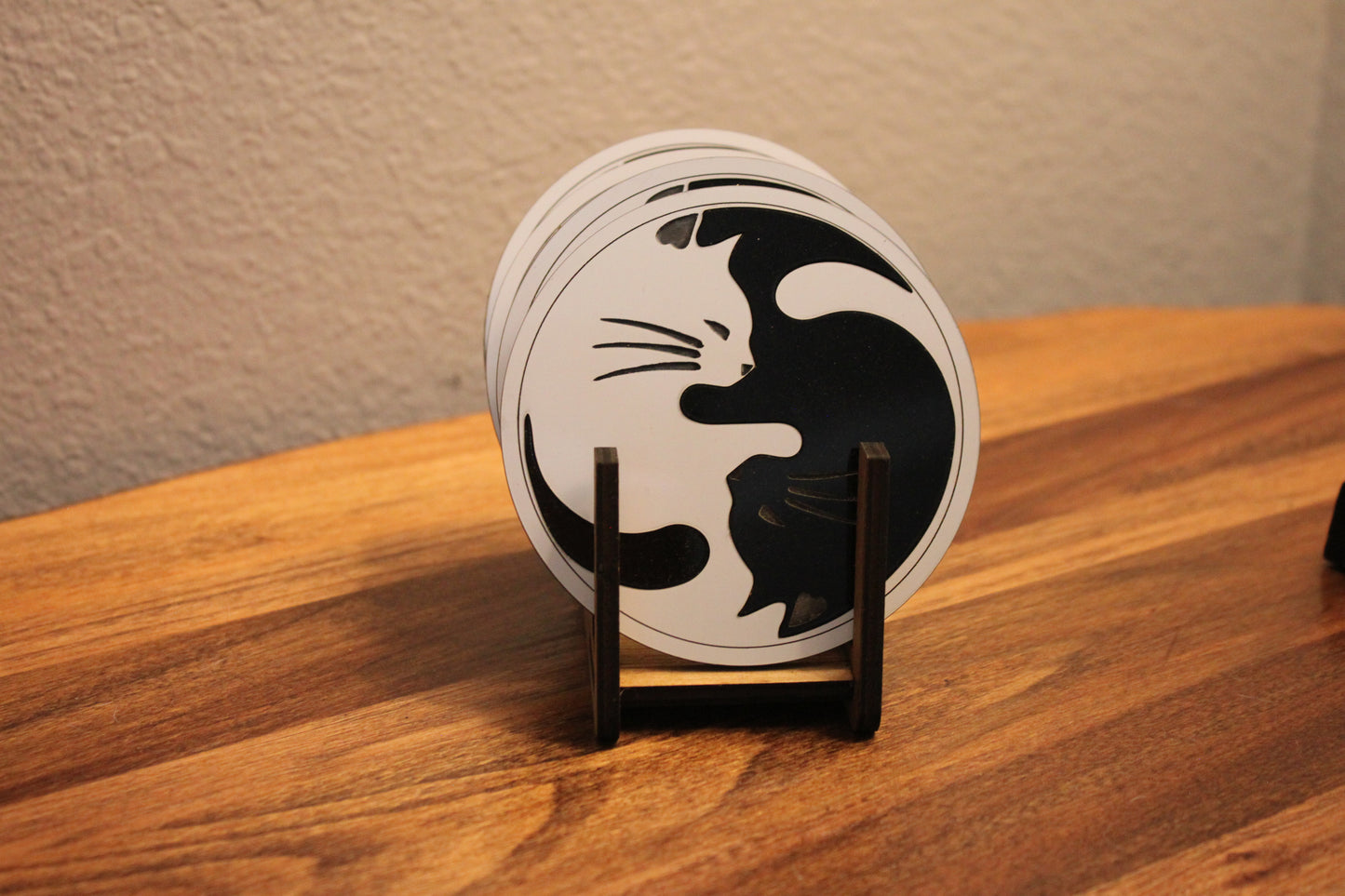 Heartwarming Yin-Yang acrylic kitten drink coasters. Set of 4 with with wooden display holder.