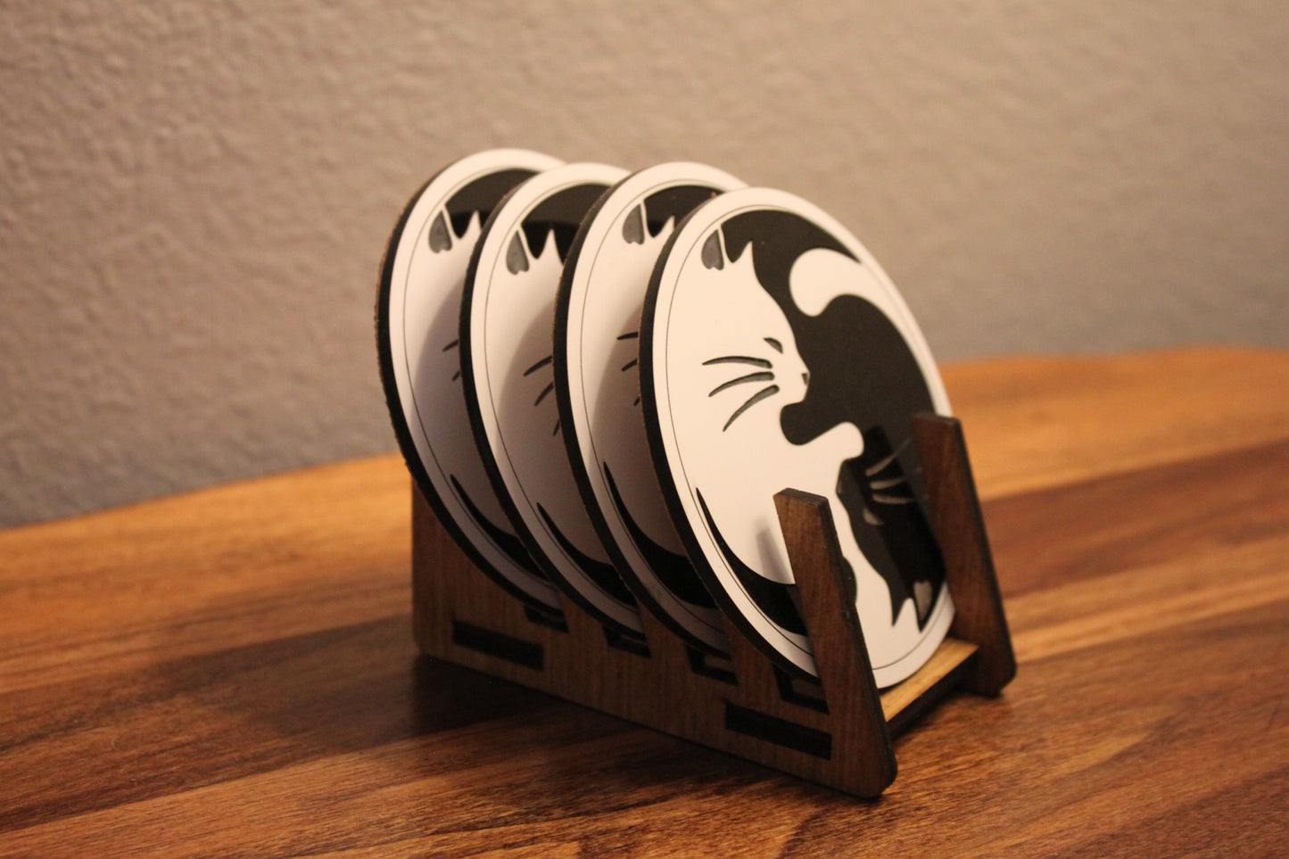 Heartwarming Yin-Yang acrylic kitten drink coasters. Set of 4 with with wooden display holder.