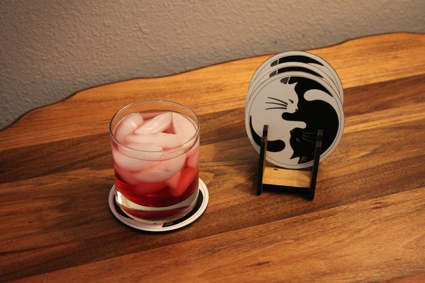 Heartwarming Yin-Yang acrylic kitten drink coasters. Set of 4 with with wooden display holder.