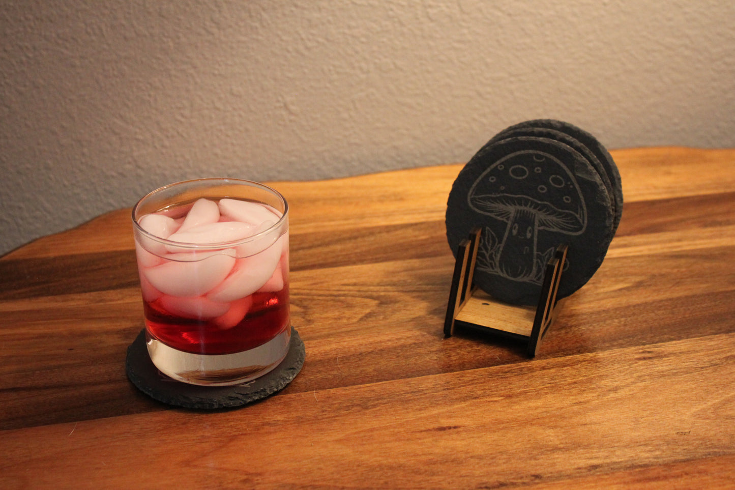 🍄 Happy Mushroom Slate Coaster -  Set of 4 with Laser Engraved with Wooden Display Holder.